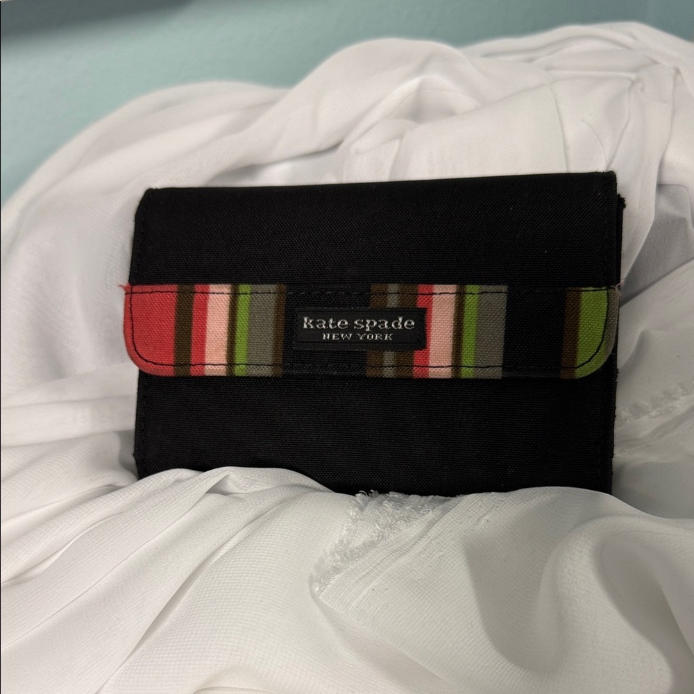 Kate Spade New York Black Compact Trifold Wallet Zip Coin Multi colored stripes